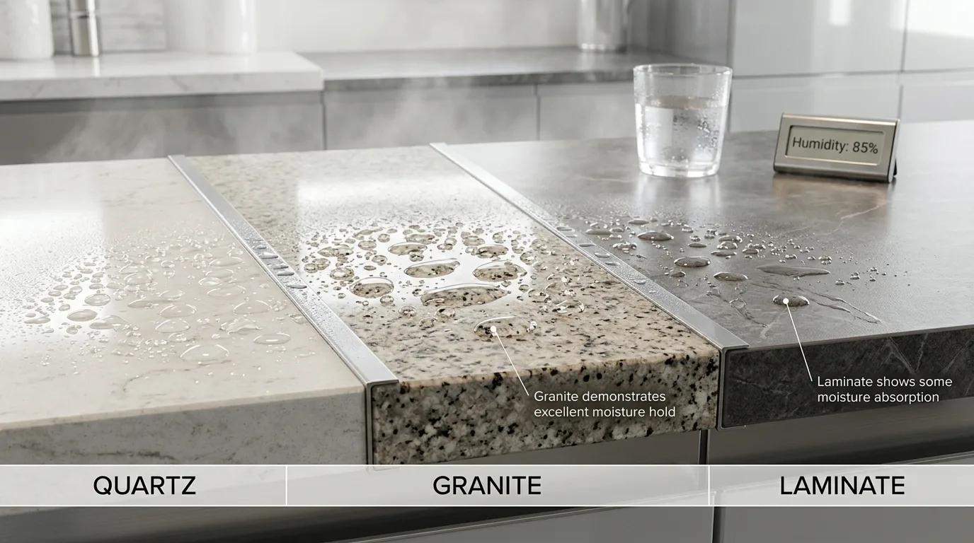 Side-by-side comparison of countertop materials in South Florida kitchen, quartz vs quartzite vs granite humidity resistance